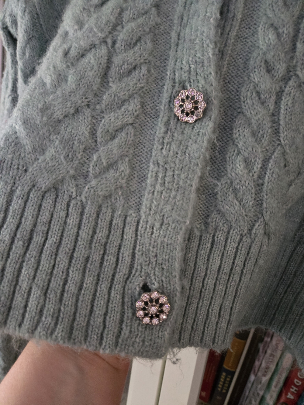 For Thee Light Mint Cable Knit V-Neck Cardigan Sweater with Rhinestone Buttons - Picture 3 of 8